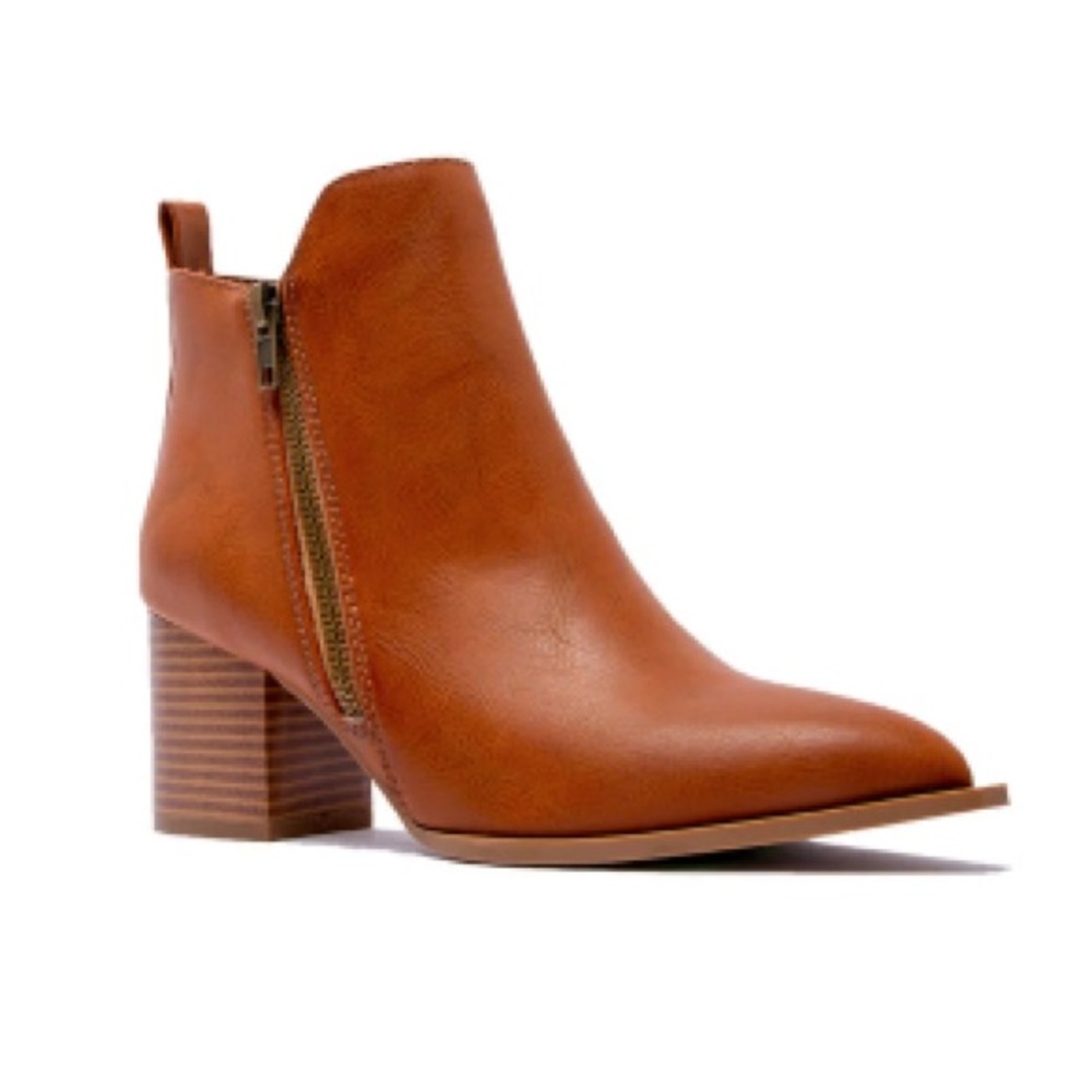 Cognac Burnish PU Women's Ankle Boots!Booties with Chunky Heel and Side Zipper